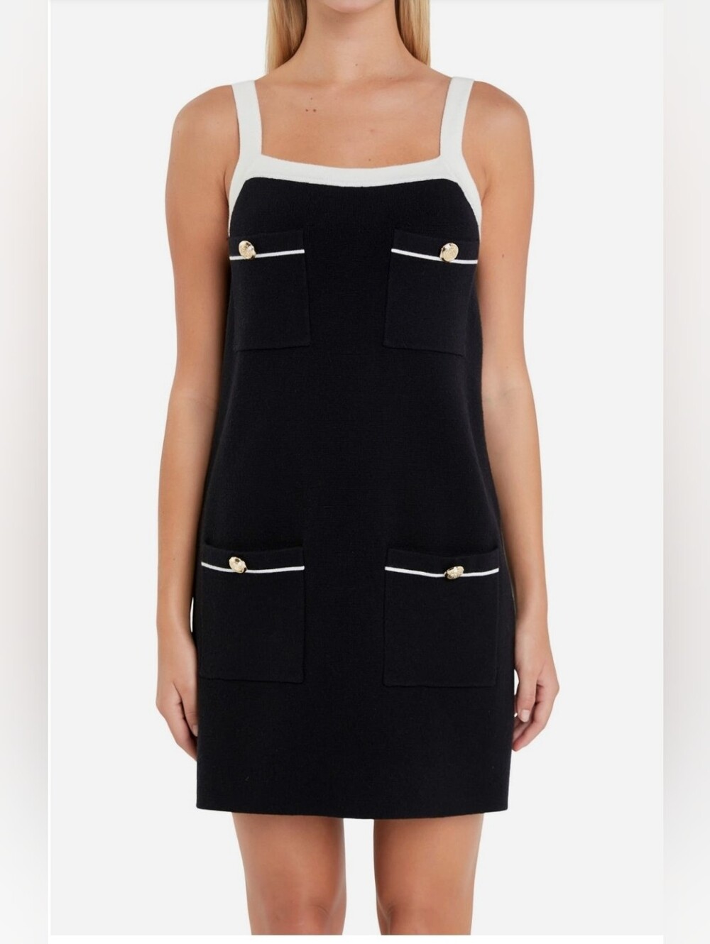 English Factory Black Mini Shift Dress with White Trim